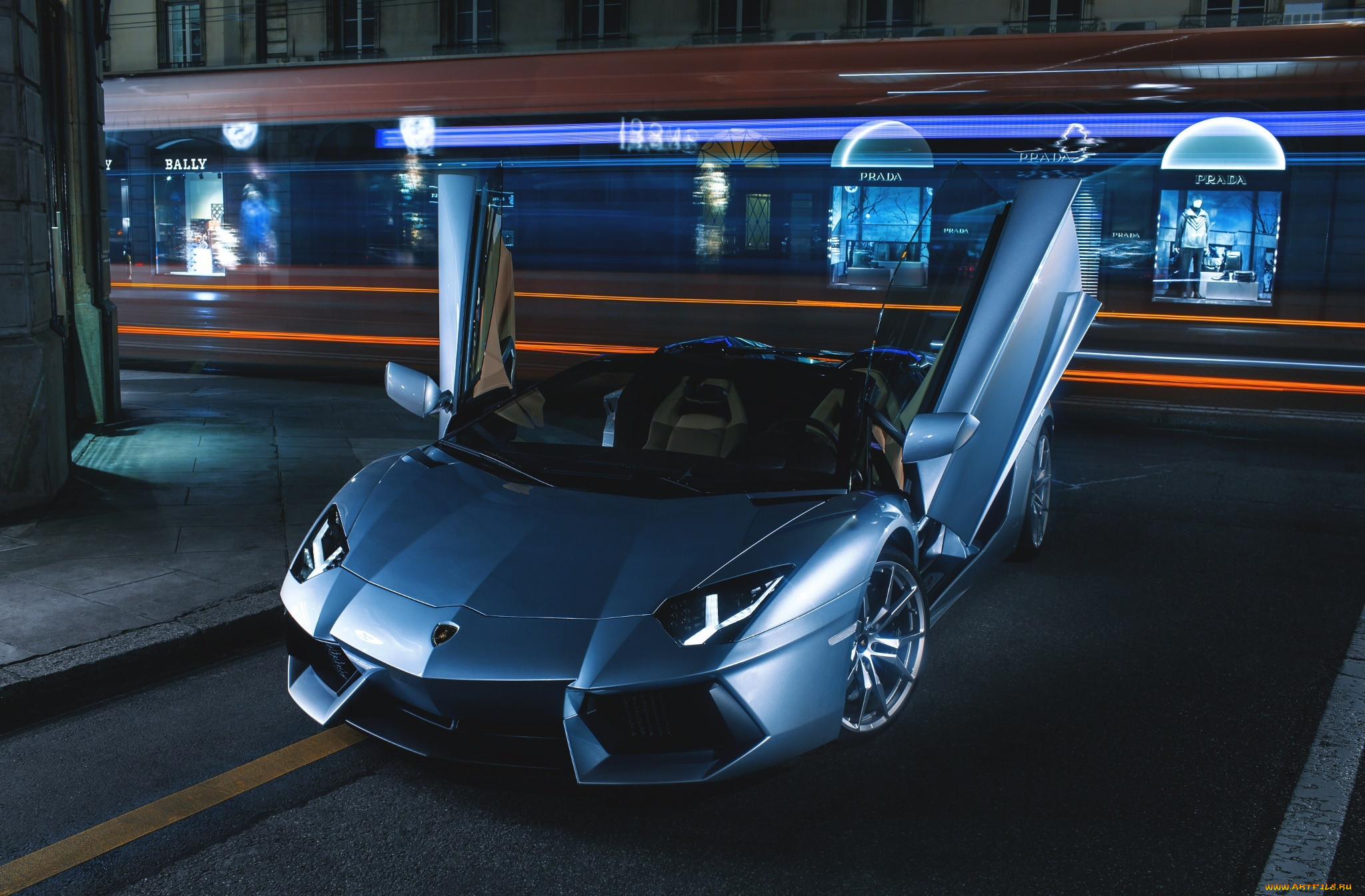 , lamborghini, roadster, lp700-4, aventador, nigth, road, door, silver, supercars, ligth, city